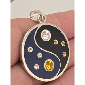 925 Sterling Silver Enamel And Gemstone Yin Yang Pendant CZ